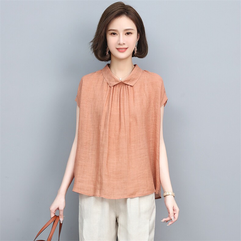 2022年夏季新款苎麻衬衫女短袖简约衬衣妈妈棉麻夏装上衣,女装衬衫,忆绮罗
