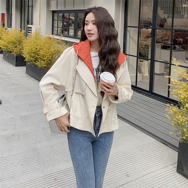 短款小个子风衣女新款早春秋季宽松撞色拆卸帽高级感气质外套，女装风衣，鑫源服饰