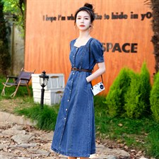 欧洲站方领牛仔连衣裙女2026年夏季修身显瘦高端气质复古A字长裙，女装连衣裙，印象茜