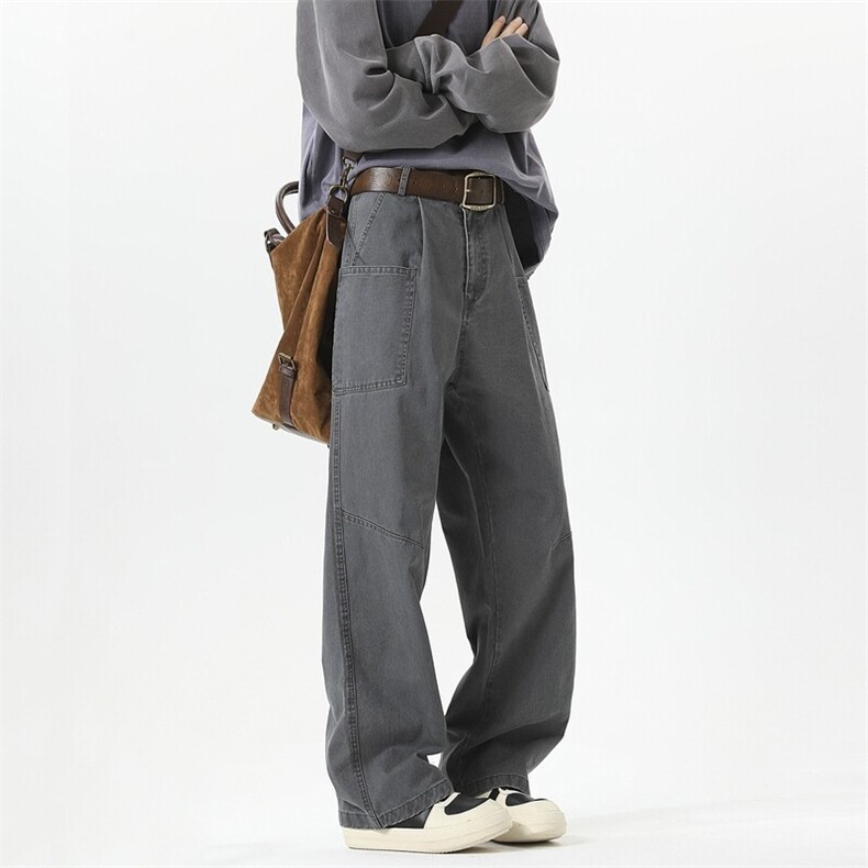 GENIOLAMODE美式纯棉牛仔裤男士秋季新款多口袋阔腿直筒工装长裤，男装休闲裤，电商C323-1