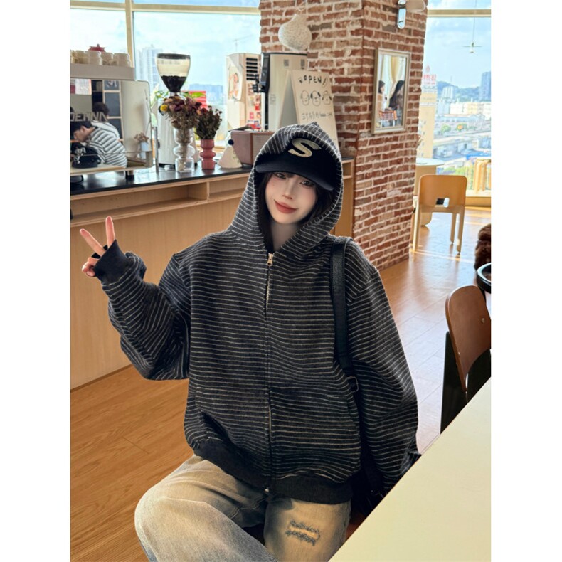 A544-P80复古条纹连帽卫衣外套磨毛秋冬休闲慵懒质感宽松开衫，女装短外套，星座911