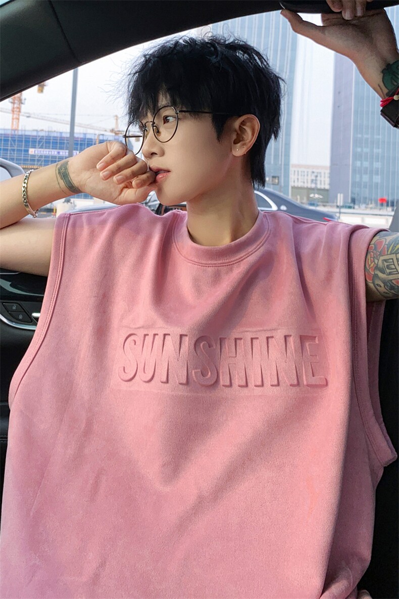 ！2025夏季新款男士钢印麂皮绒背心无袖T恤TLBX01特P22控38,男装背心/马甲,电商B220