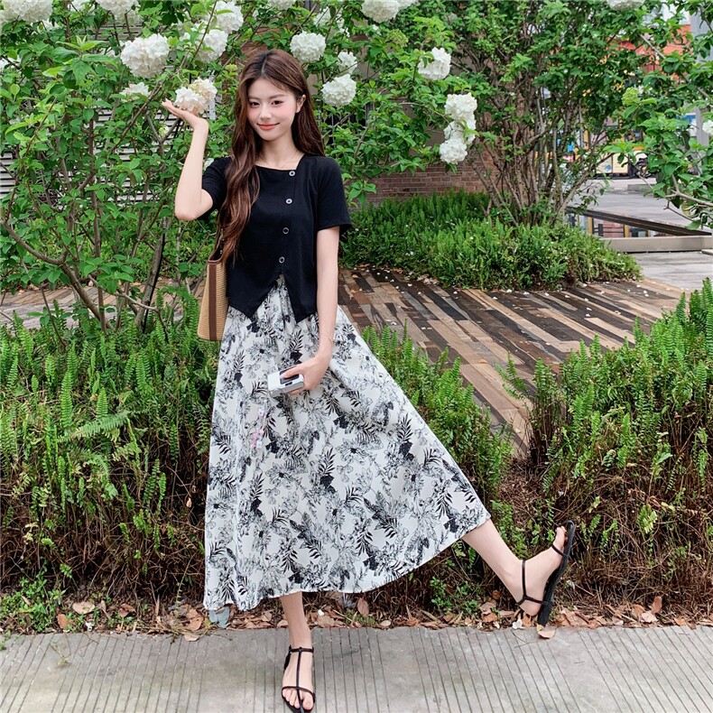 气质水墨印花套装女夏装不规则方领T恤短袖半身裙子两件套潮,女装套装/套裙,艾米莉亚