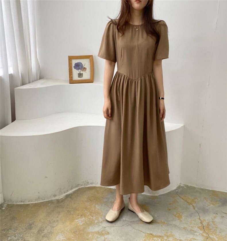 韩系圆领简约连衣裙，女装连衣裙，土布鱼