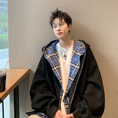 美式假两件连帽格子卫衣开衫男女宽松秋cleanfit外套W8895，男装卫衣，星座1116A-1（原606A）