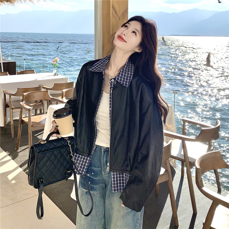 设计感假两件格纹拼接皮衣短外套女2026春季新款宽松休闲显瘦夹克,女装皮衣,艾米莉亚
