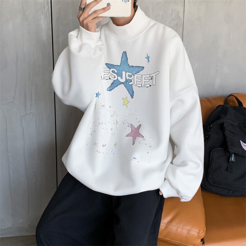 加绒加厚高领卫衣星星印花落肩袖情侣款打底衫男XZ514-2-G88-P48,男装T恤,星座514-2(原B239)