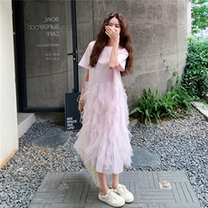 粉色网纱拼接连衣裙女2025夏季新款法式甜美温柔风宽松减龄t恤裙，女装连衣裙，2C206