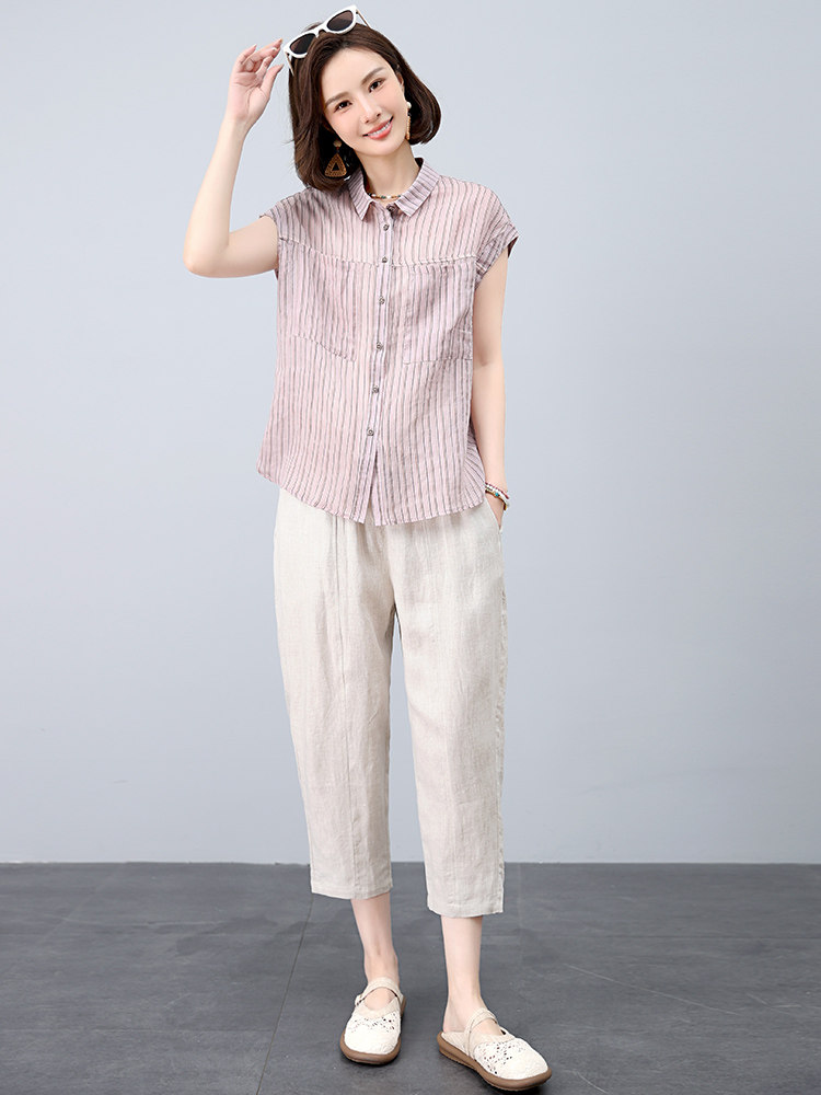 时尚套装女2025年新款夏装搭配一整套洋气减龄妈妈棉麻裤子两件套,女装套装/套裙,江忆布依