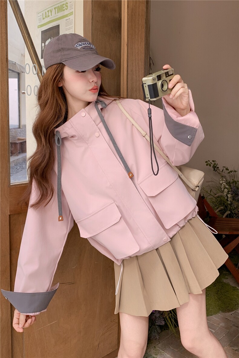 粉色拼色连帽工装外套女2025秋季新款奶甜系休闲小个子短款上衣潮,女装短外套,2C218