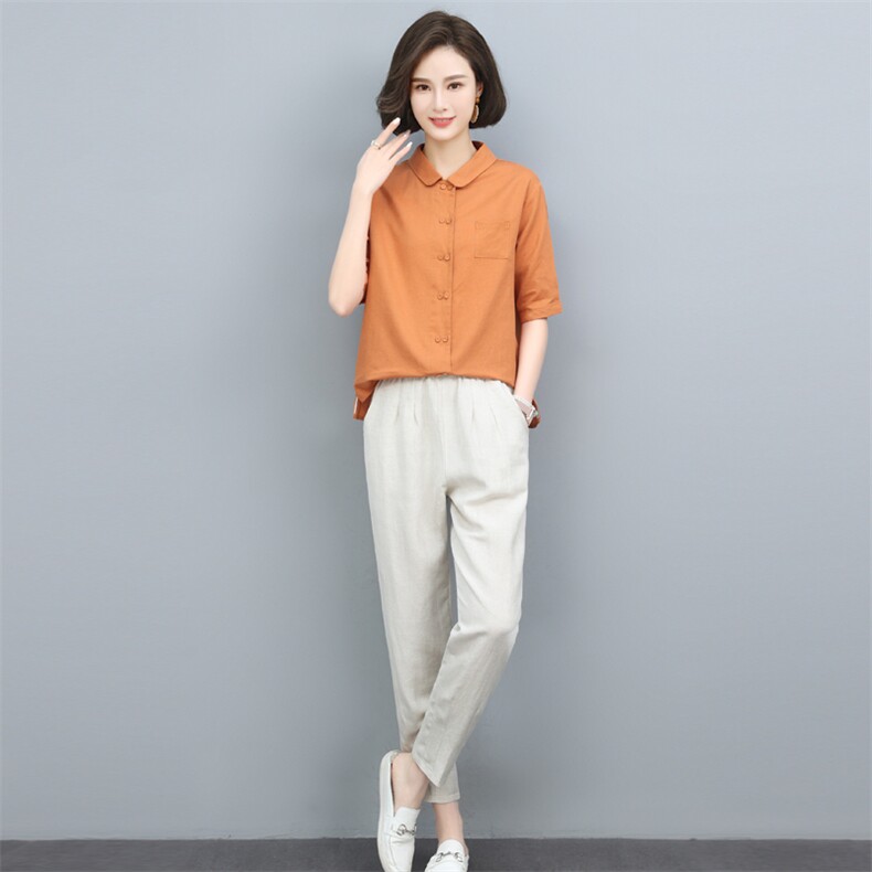 夏季套装2024新款女士休闲棉麻上衣小脚裤宽松薄款透气时尚两件套,女装套装/套裙,璐依舞