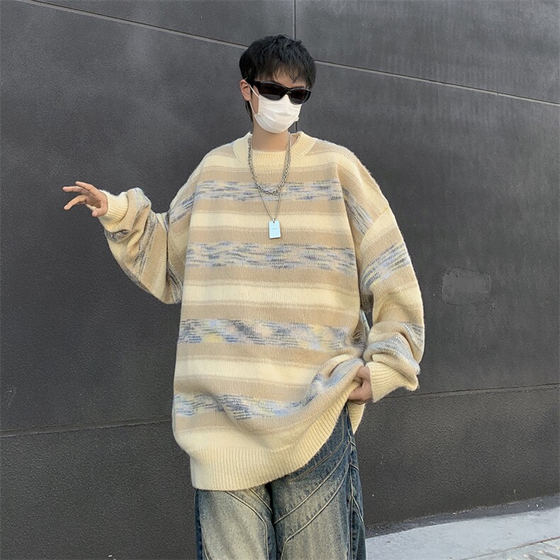 港风秋冬款男圆领套头毛衣条纹针织衫扎染休闲打底外套M255P50,男装针织衫/毛衣,星座1013-1