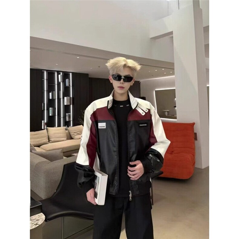 网络图现货美式潮牌pu皮衣情侣拼接撞色痞帅骑行服JK8574-P75,男装皮衣,星座715-7
