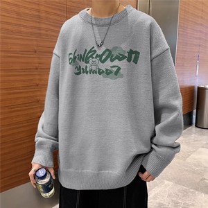 1港风长袖印花毛线毛衣男宽松休闲圆领套头针织衫7473P48加绒P55图片