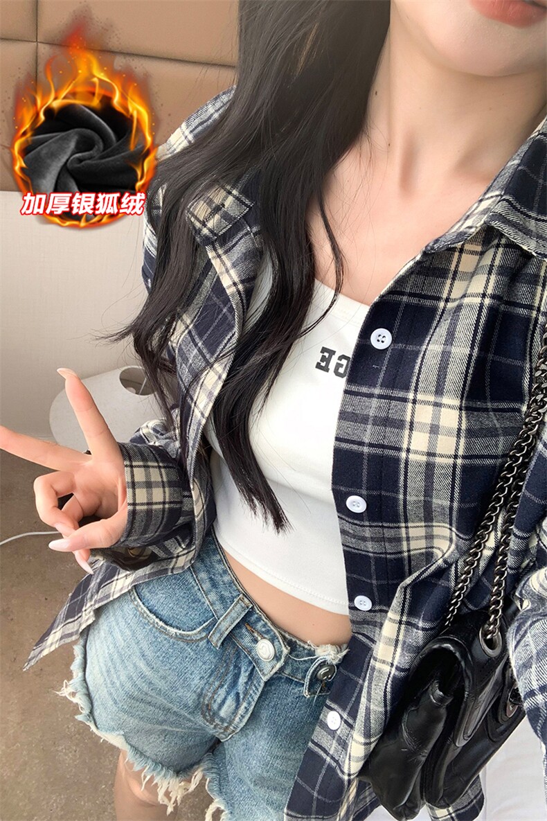 冬季抗寒银狐绒格子翻领长袖衬衫男大码衬衣C5450J加绒-特P38控68,男装衬衫,电商A001