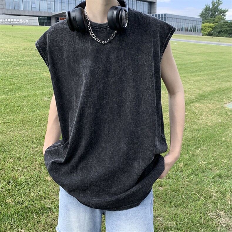 夏季做旧水洗背心男宽松休闲ins潮流运动坎肩无袖体恤T1247-P32,男装T恤,星座512-2