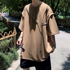 高品质夏款男T恤抽绳工装织带五分袖宽松T恤衫T247P30，男装T恤，星座1013-1