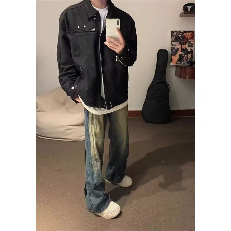 黑色解构鹿皮绒外套男女美式高街飞行员夹克棒球服秋冬L56333-P78,男装夹克,星座1008