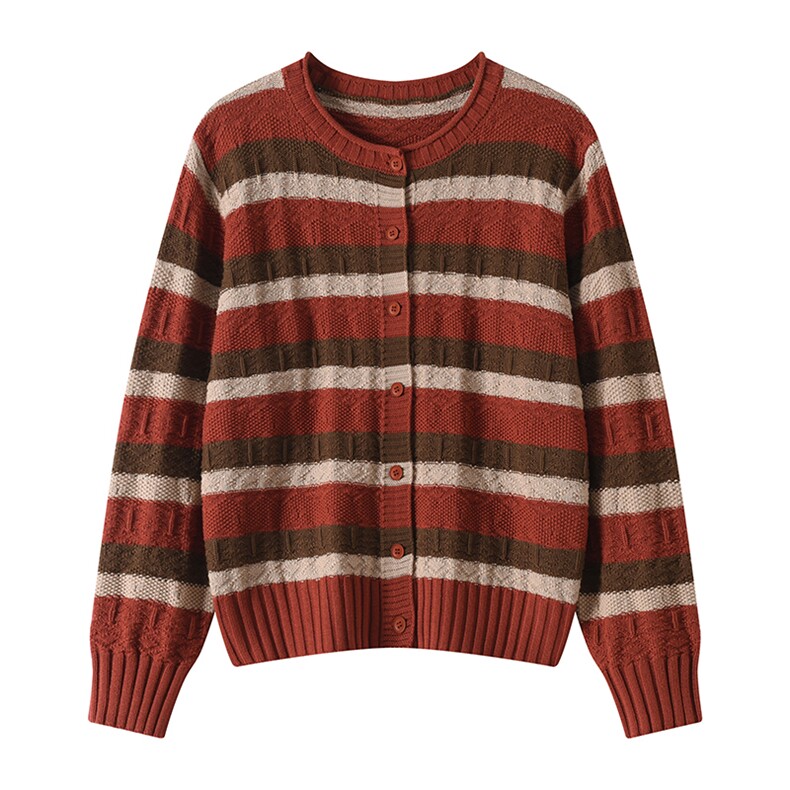 女士时尚简约条纹提花针织开衫长袖，女装针织衫/毛衣，温伦斯特羊绒