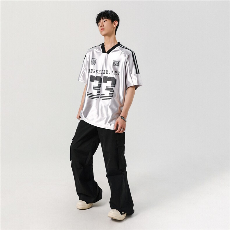 夏季美式复古宽松冰球衣缎面V领T恤潮牌短袖T3210/P5588,男装T恤,星座202