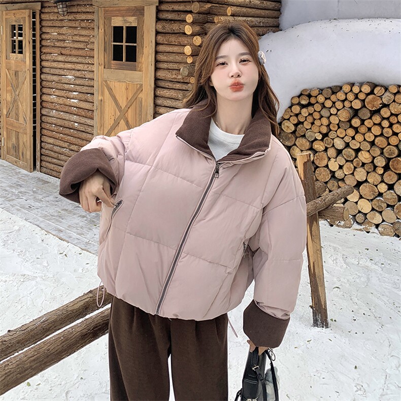 灯芯绒拼接粉色羽绒服女冬季2025新款短款小个子简约白鸭绒外套,女装羽绒服,2C129