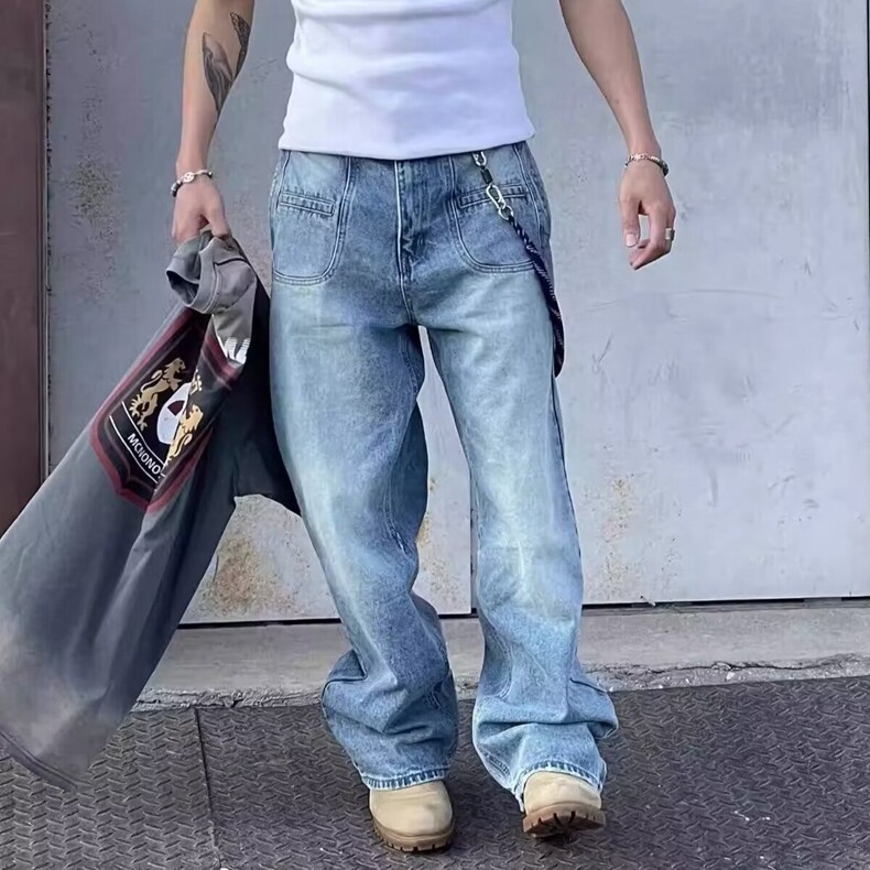 美式简约风复古水洗牛仔裤男春秋松弛感阔腿休闲直筒百搭长裤,男装牛仔裤,星座218-8