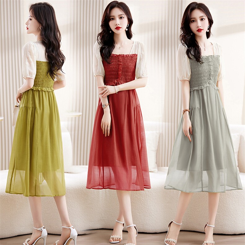 高端天丝连衣裙女夏季2023新款温柔气质木耳花边收腰显瘦绝美裙子，女装连衣裙，鑫鑫美