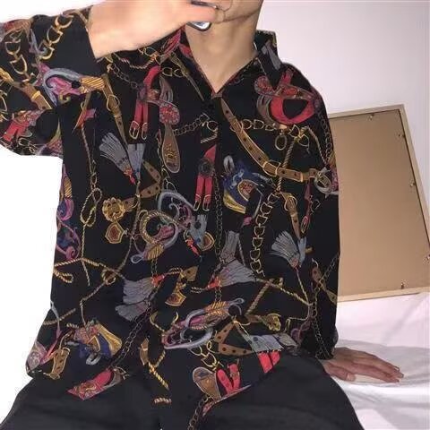 港风复古印花链子衬衫男痞帅宽松长袖夜店男装凉薄花衬衣外套,男装衬衫,星座506A