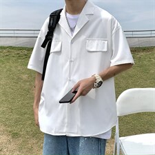 夏装新款港风双口袋工装衬衫男原宿宽松休闲短袖衬衣潮W3217-P30，男装衬衫，星座512-2
