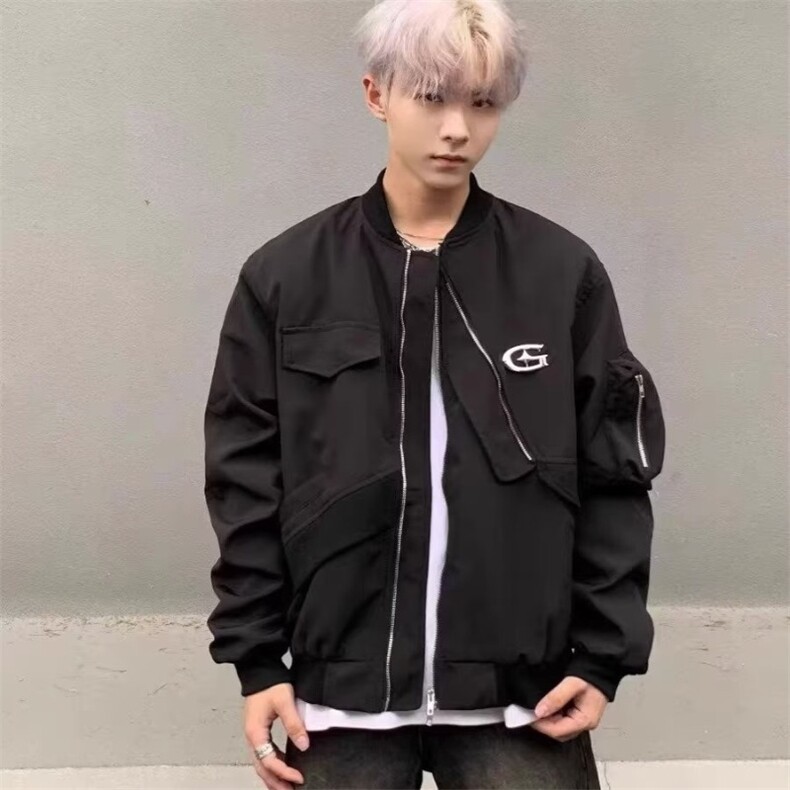 3316-P40美式高街头褶皱拼接设计棒球服夹克男女春秋复古宽松,男装夹克,电商B323A