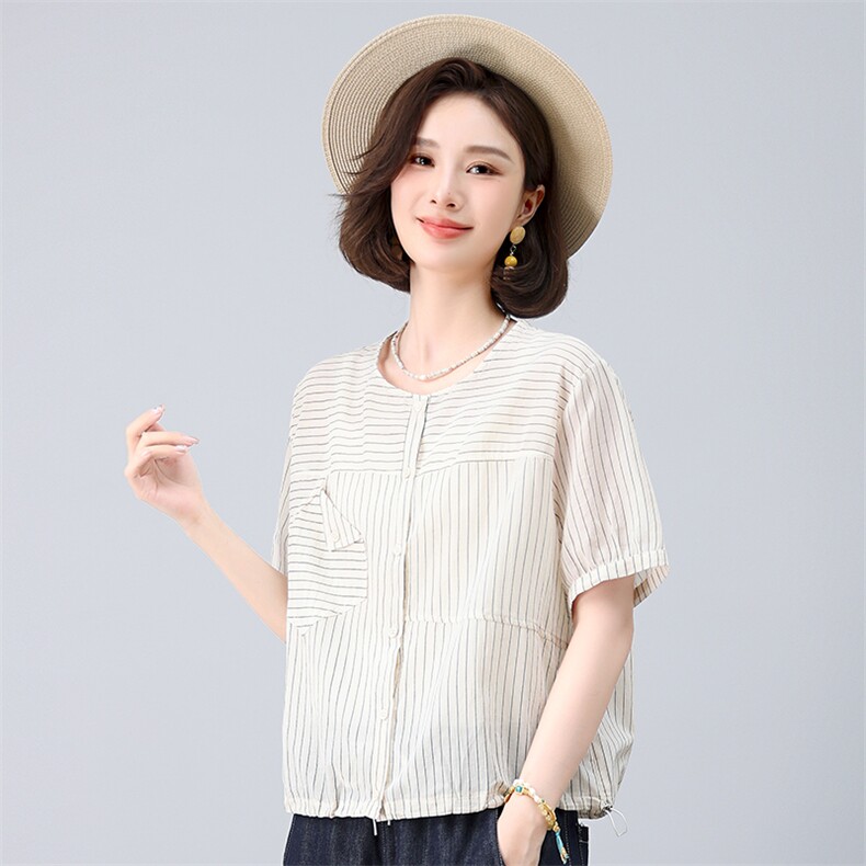 纯棉薄款衬衣中袖夏季新款韩版竖条纹短袖衬衫女清新气质减龄上衣,女装衬衫,叶笙衣