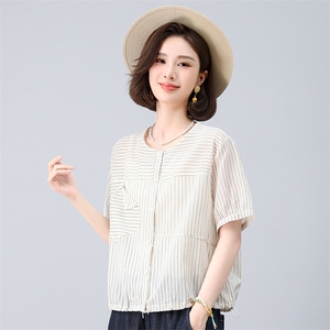 纯棉薄款衬衣中袖夏季新款韩版竖条纹短袖衬衫女清新气质减龄上衣图片