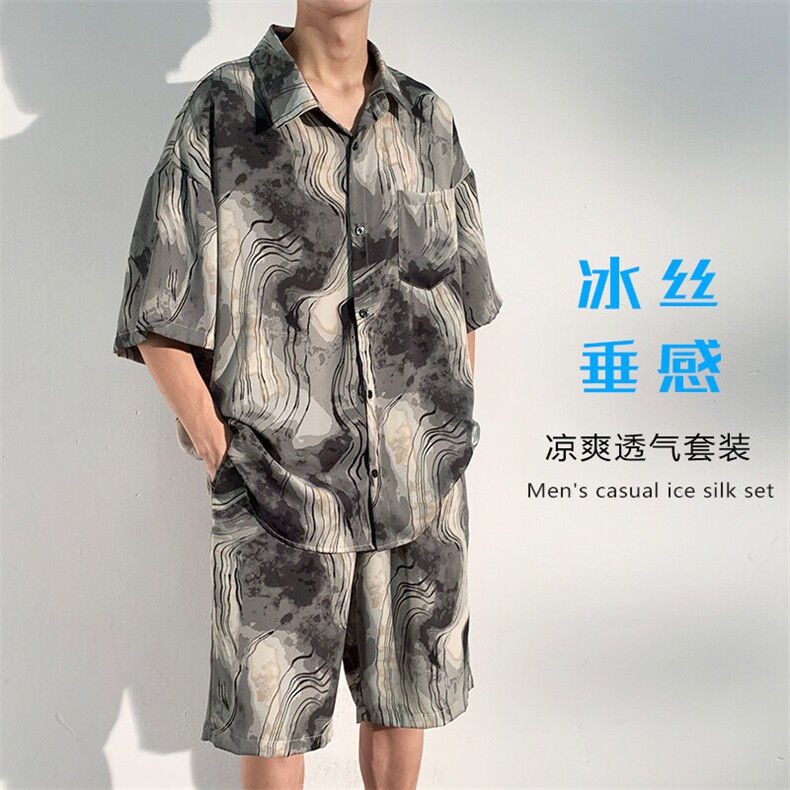 特批P45无差价夏季中式大码短袖衬衫短裤男扎染垂感两件套装TZ082图片