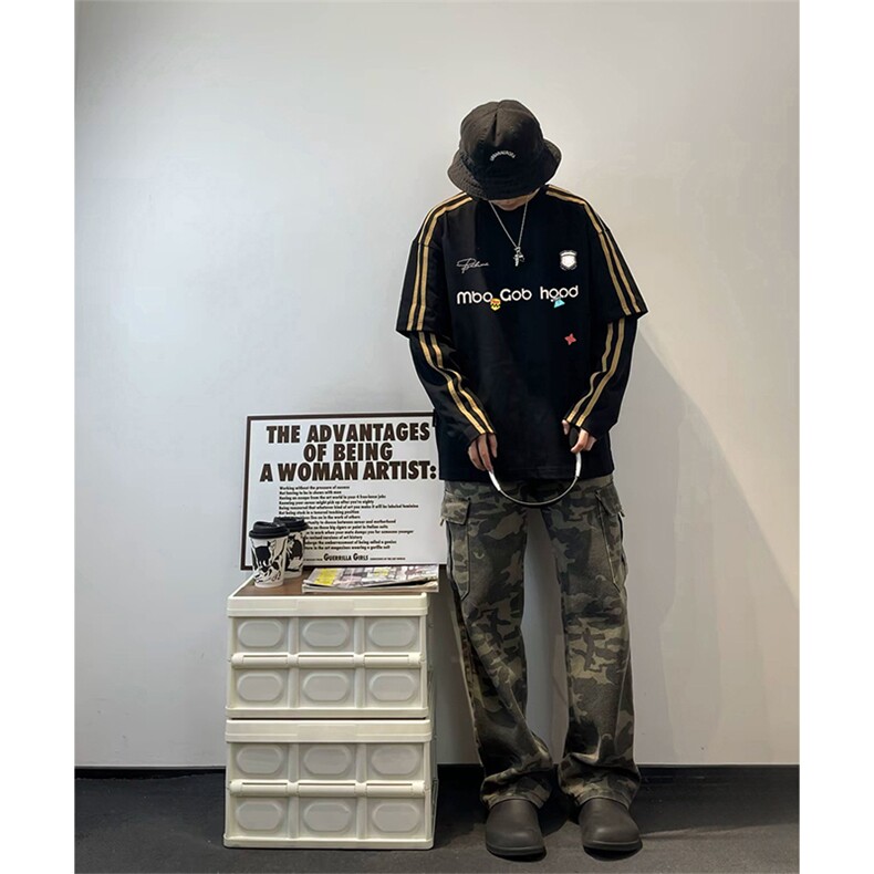 抖音得物 式高街重磅结构织带假两件双纱纯棉印花长袖T恤AW10302图片