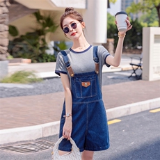 背带裤套装女2024夏季新款女装韩版时尚休闲短袖牛仔两件套短裤子，女装套装/套裙，慧尚依恋