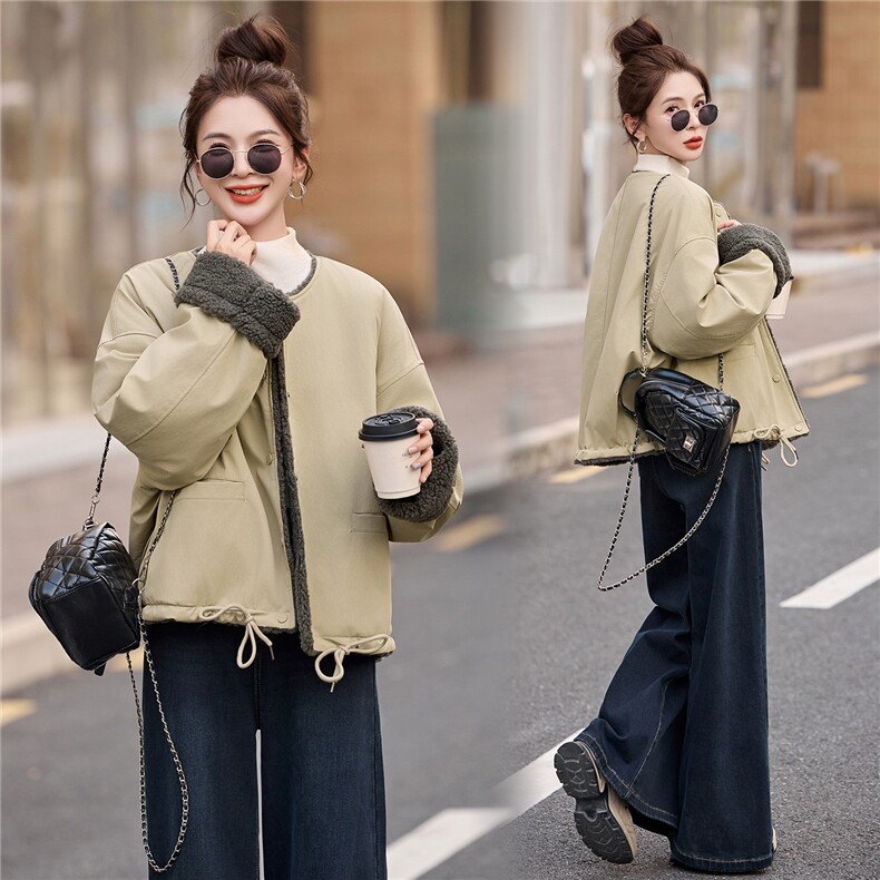 现货韩版2025时尚设计感圆领单排扣宽松百搭羊羔毛外套女潮，女装短外套，仟媚宠