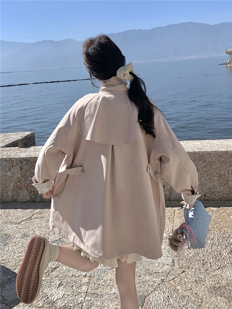 新品现货26春装粉色蕾丝拼接袖口韩版休闲中长风衣外套女,女装风衣,苗苗