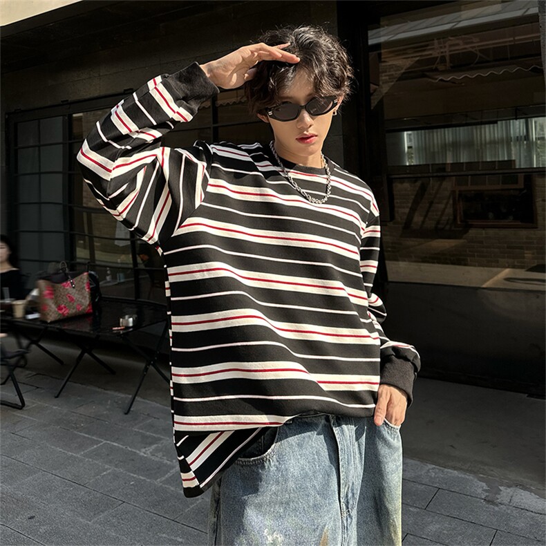 全棉重磅设计感条纹小众长袖T恤男秋季宽松卫衣男A210A-WY05-P48，男装T恤，电商A210A