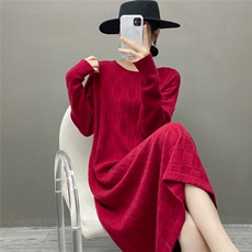 HE|凹凸浮雕感baby山羊绒针织连衣裙女中长款宽松圆领直筒裙，女装连衣裙，国旺羊绒