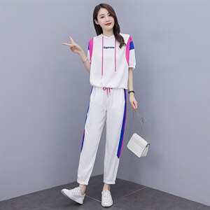 短袖时尚套装女2022夏季新款女装韩版休闲百搭撞色绣花两件套裤潮图片
