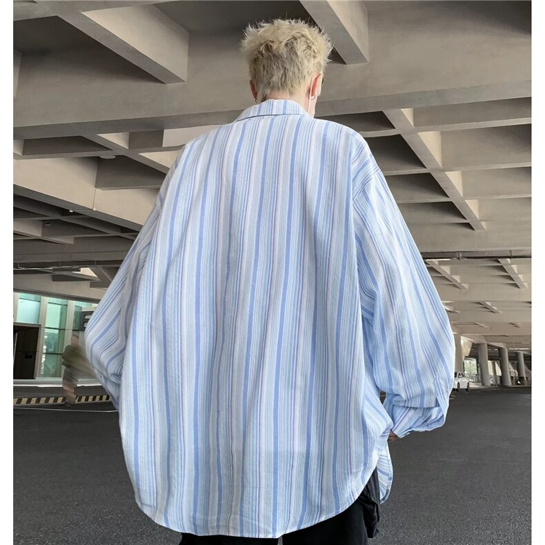 日系复古设计感条纹长袖衬衫男女春秋小众港风休闲衬衣潮C152/P40,男装衬衫,星座506