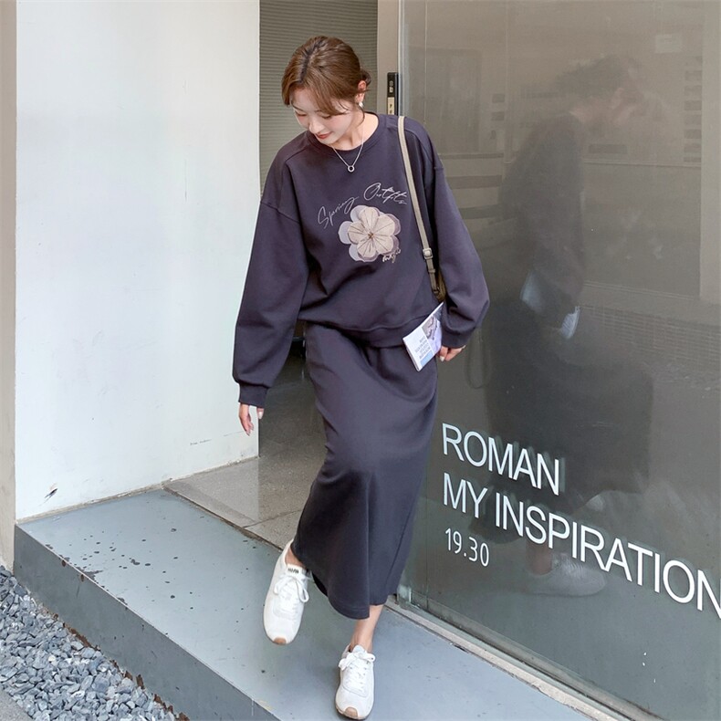 休闲运动灰色碎花卫衣半身裙套装女春秋2025新款小个子超火两件套,女装套装/套裙,2D014