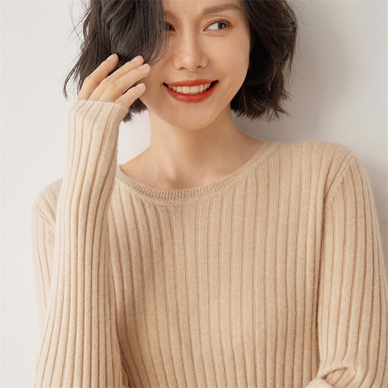 时尚百搭女士羊绒衫圆领竖纹设计简约休闲风格舒适保暖,女装羊绒衫,雪山红莲