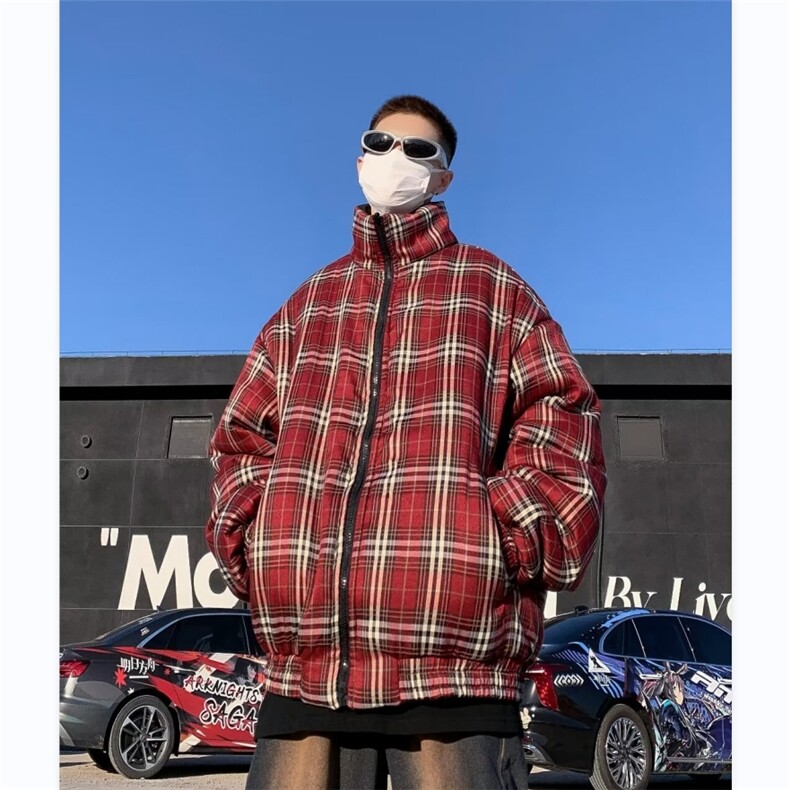 太帅气了格子两面穿冬美式条纹棉服男女面包服棉衣外套MF211-P86,男装棉衣,星座412-3