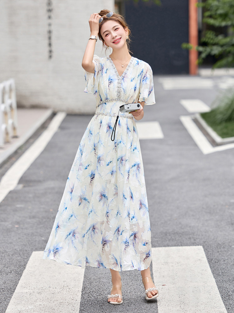法式印花短袖连衣裙女2025夏季新款收腰显瘦优雅镶钻拼接v领长裙,女装连衣裙,辉煌依升