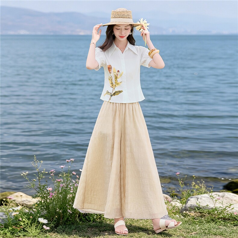 轻熟风时尚小翻领衬衫套装女2026夏气质印花上衣裙裤优雅两件套,女装套装/套裙,水衣源
