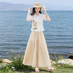 轻熟风时尚小翻领衬衫套装女2026夏气质印花上衣裙裤优雅两件套图片