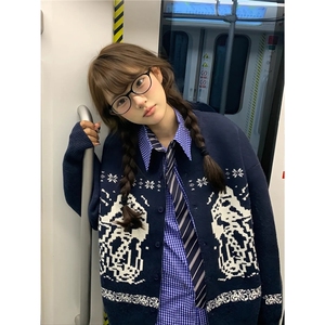 藏青色费尔岛毛衣开衫男款秋冬季美式高级感慵懒风针织衫情侣外套图片