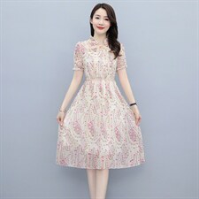 2021夏季新款简约时尚气质优雅花边系带领修身显瘦连衣裙，女装连衣裙，多彩