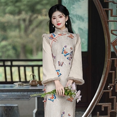 新中式风立领玉兔提花微喇袖口加绒旗袍2654P155，女装汉服/婚纱/旗袍/礼服，乐衣轩
